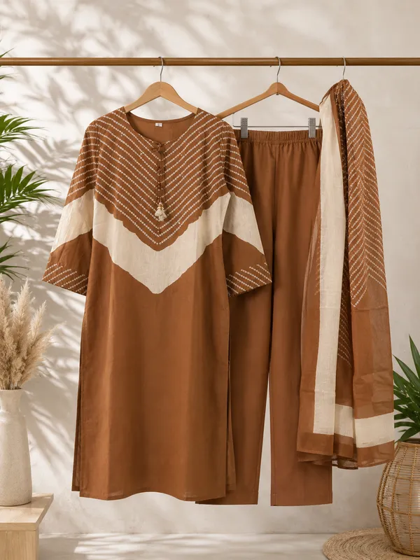 Brown_Cotton_Kurta_Pant_Dupatta_Set_For_Women