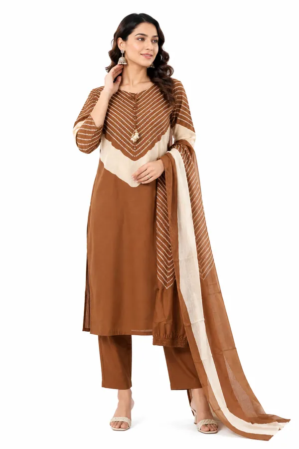 Brown_Cotton_Kurta_Pant_Dupatta_Set_For_Women