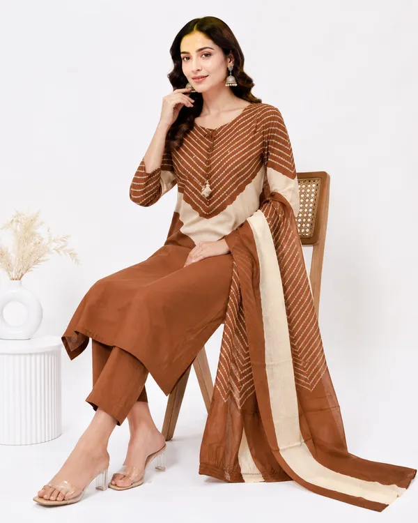 Brown_Cotton_Kurta_Pant_Dupatta_Set_For_Women