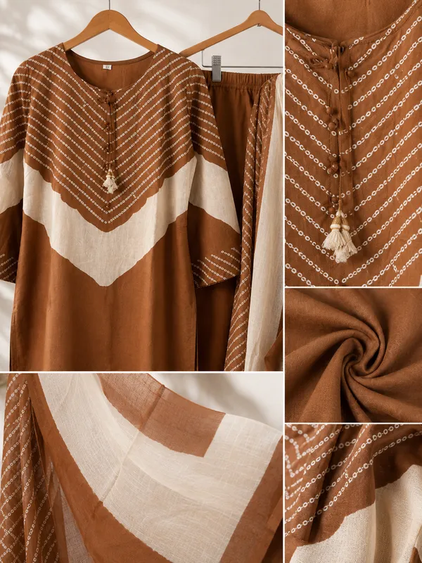 Brown_Cotton_Kurta_Pant_Dupatta_Set_For_Women