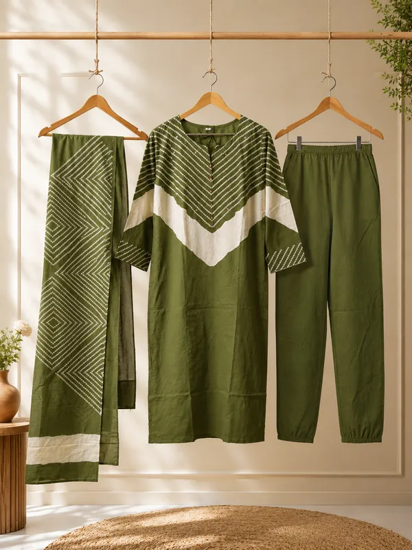 Olive_Green_Cotton_Kurta_Pant_Dupatta_Set_For_Women