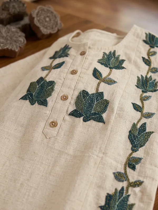Beige/Off_White_Khadi_Cotton_Kurta_Pant_Set_For_Women