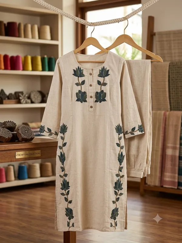 Beige/Off_White_Khadi_Cotton_Kurta_Pant_Set_For_Women