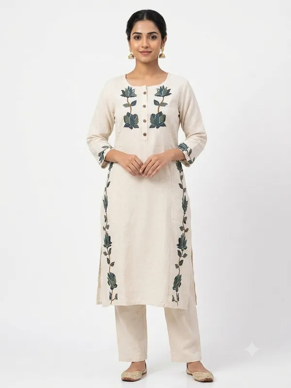 Beige/Off_White_Khadi_Cotton_Kurta_Pant_Set_For_Women