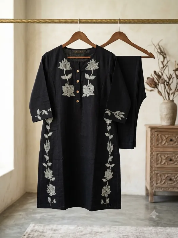 Black_Khadi_Cotton_Kurta_Pant_Set_For_Women