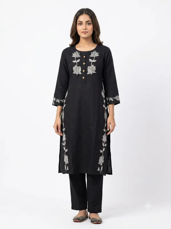 Black_Khadi_Cotton_Kurta_Pant_Set_For_Women