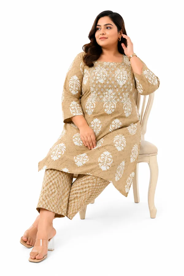 Beige_Cotton_Plus_Size_Kurta_Pant_Set_For_Women