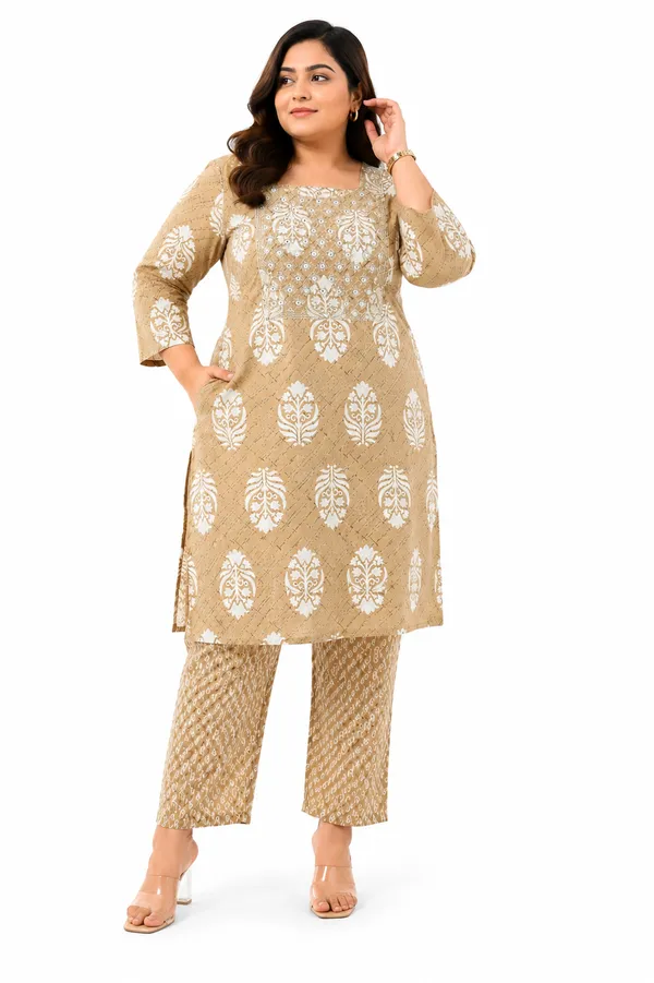 Beige_Cotton_Plus_Size_Kurta_Pant_Set_For_Women