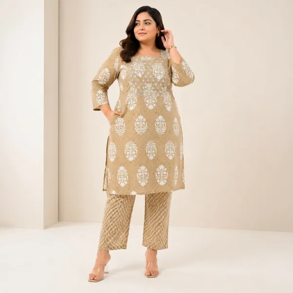 Beige_Cotton_Plus_Size_Kurta_Pant_Set_For_Women