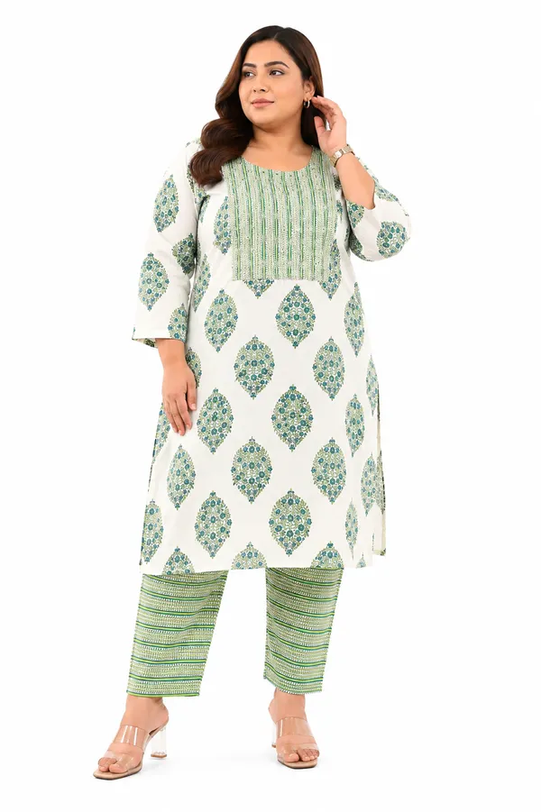 White_And_Green_Cotton_Plus_Size_Kurta_Pant_Set_For_Women