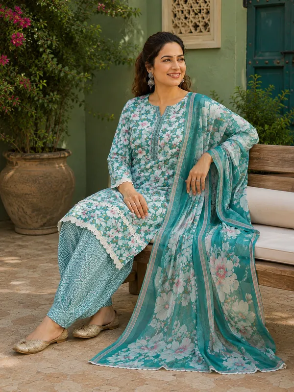 Turquoise_Floral_Printed_Suit_Set_with_Dupatta_with_Farsi_Salwar_for_Women