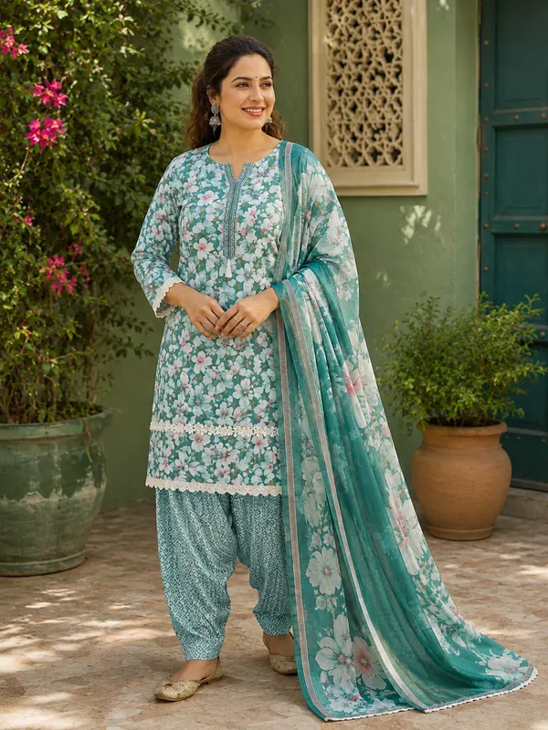Turquoise_Floral_Printed_Suit_Set_with_Dupatta_with_Farsi_Salwar_for_Women