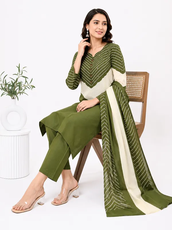 Olive_Green_Cotton_Kurta_Pant_Dupatta_Set_For_Women