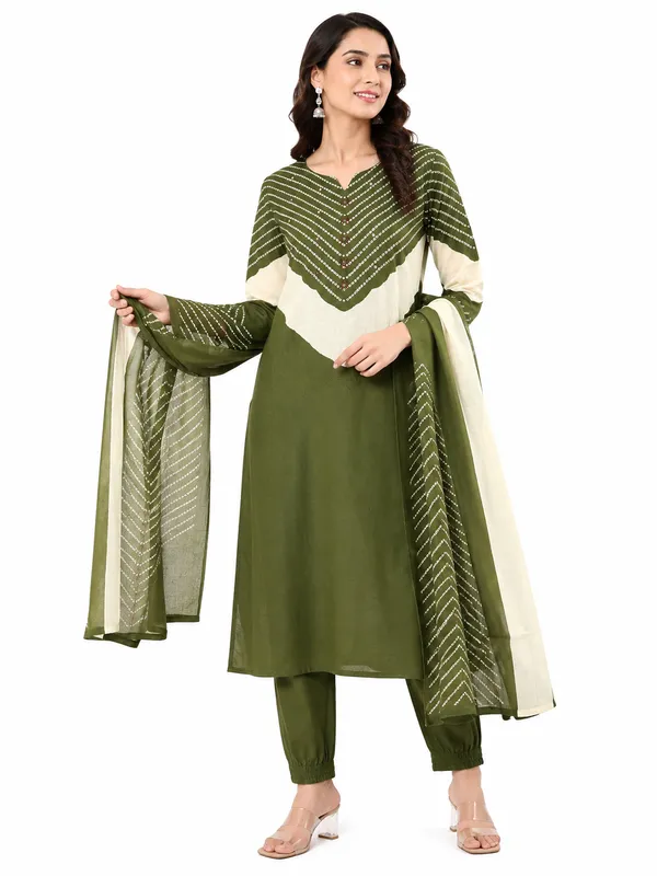 Olive_Green_Cotton_Kurta_Pant_Dupatta_Set_For_Women