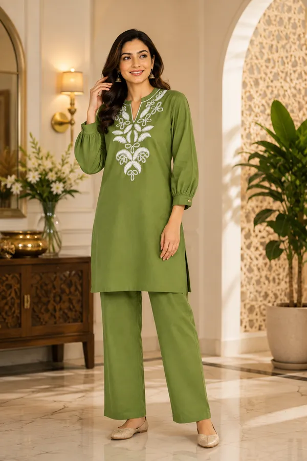 Olive_Green_Rayon_Kurta_Set_For_Girls