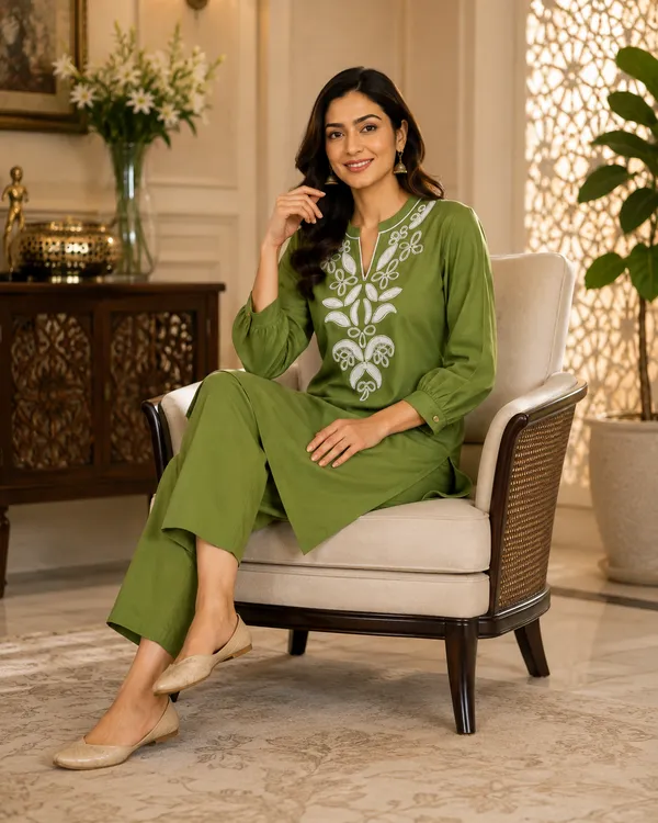 Olive_Green_Rayon_Kurta_Set_For_Girls