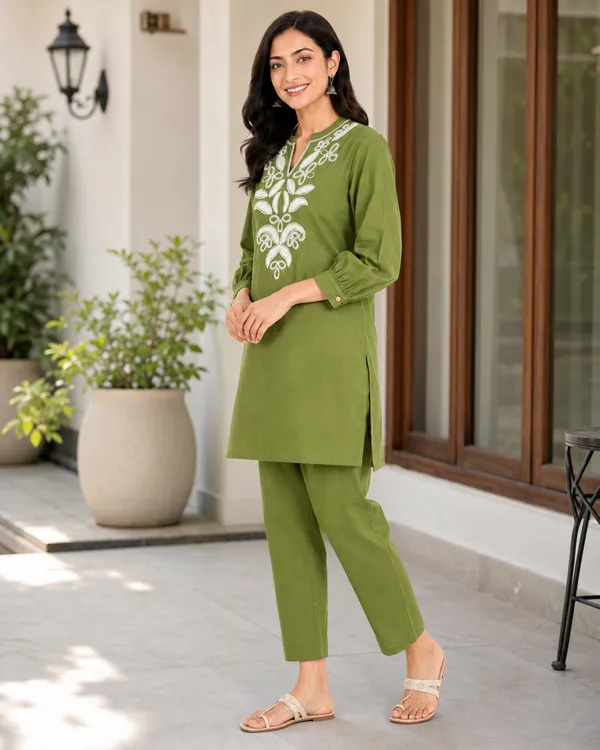 Olive_Green_Rayon_Kurta_Set_For_Girls