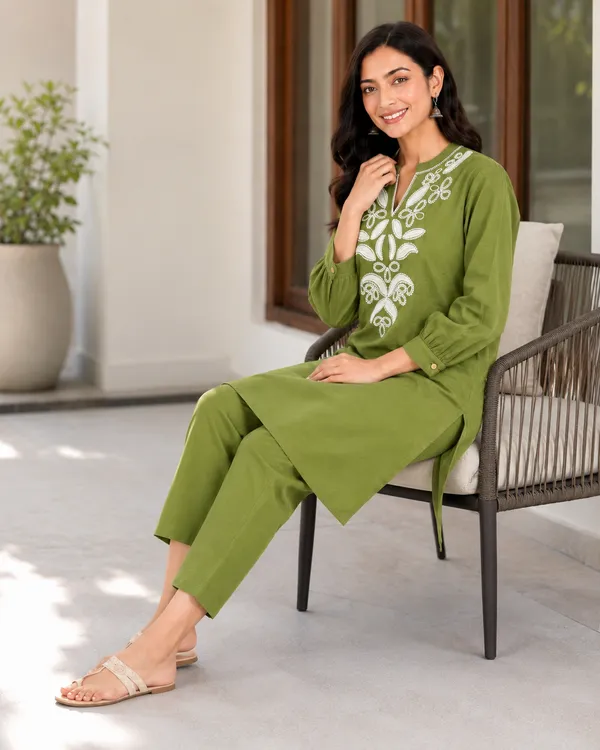 Olive_Green_Rayon_Kurta_Set_For_Girls
