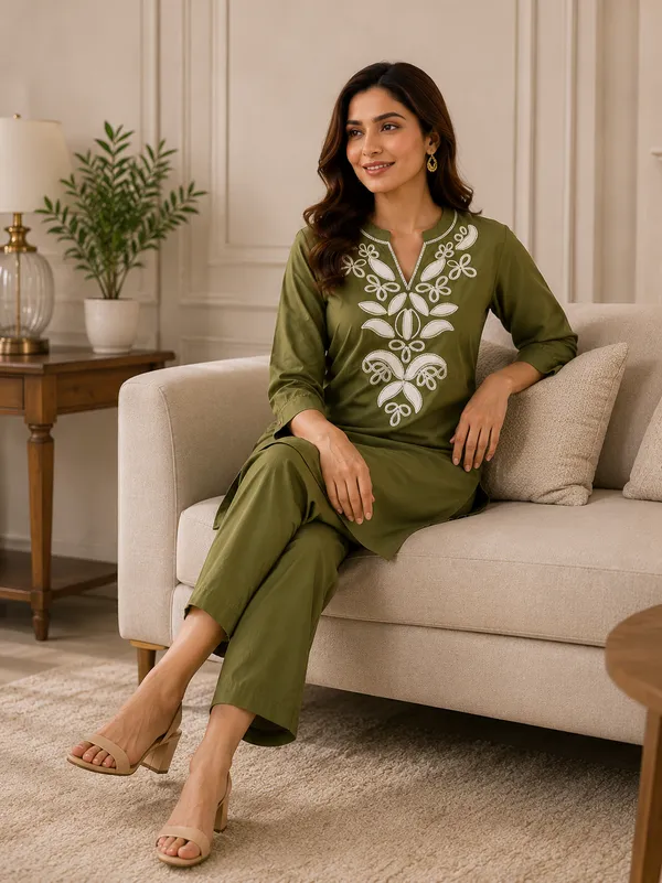 Olive_Green_Cotton_Kurta_Pant_Set_For_Women