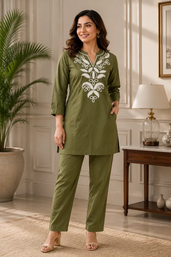 Olive_Green_Cotton_Kurta_Pant_Set_For_Women