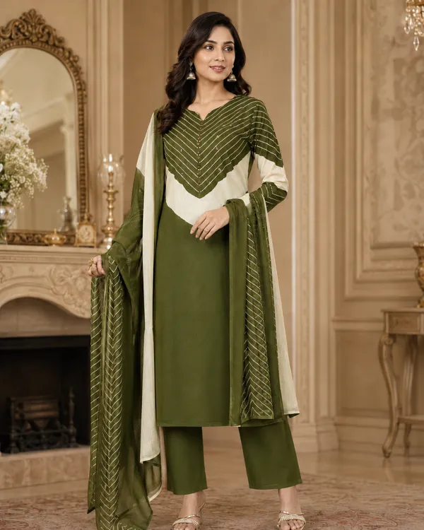 Olive_Green_Cotton_Kurta_Pant_Dupatta_Set_For_Women