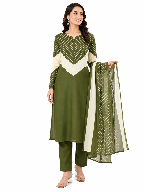 Olive_Green_Cotton_Kurta_Pant_Dupatta_Set_For_Women