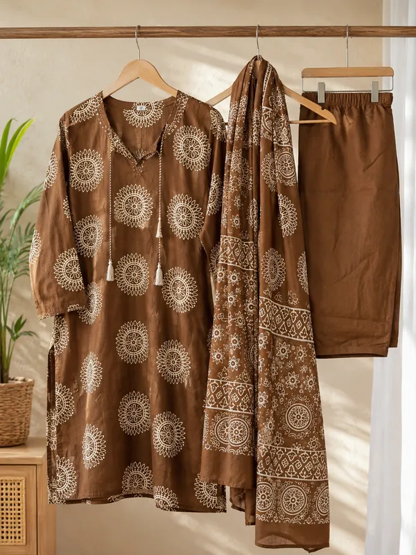 Brown_Cotton_Kurta_Pant_Dupatta_Set_For_Women