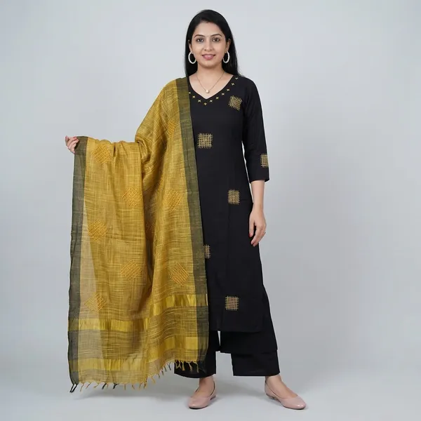 Black_Cotton_Handloom_Kurta_Pant_With_Dupatta_Set_For_Women
