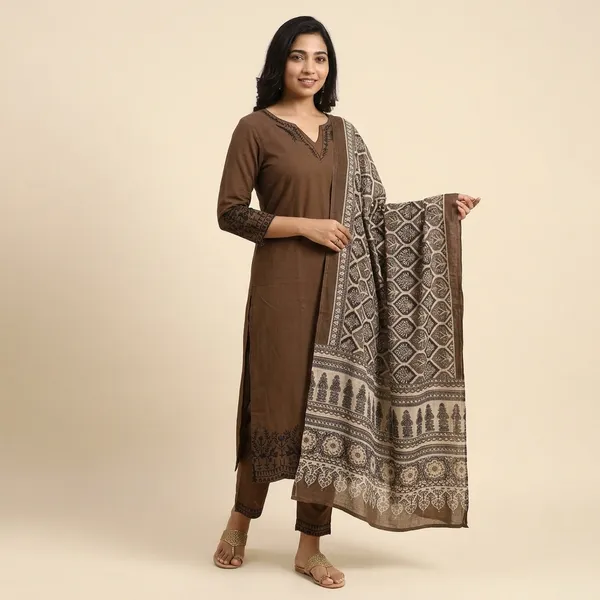 Coffee_Cotton_Slub_Handloom_Kurta_Pant_With_Dupatta_Set_For_Women