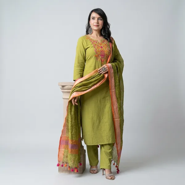 Mehndi_Cotton_Slub_Kurta_Pant_With_Dupatta_Set_For_Women