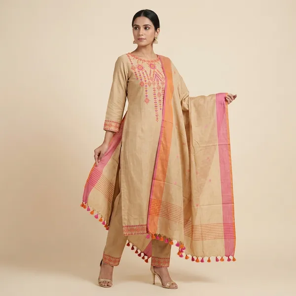 Orange_Cotton_Slub_Handloom_Kurta_Pant_With_Dupatta_Set_For_Summers