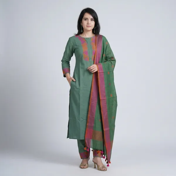 Green_Cotton_Slub_Handloom_Kurta_Pant_With_Dupatta_Set_For_Women