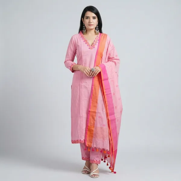 Handloom_Cotton_Kurta_Pant_With_Dupatta_Set