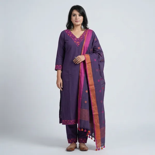 Purple_Cotton_Slub_Handloom_Kurta_Pant_With_Dupatta_Set_For_Women