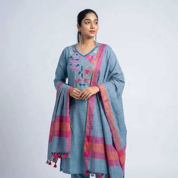 Handloom_Embroidered_Cotton_Slub_Kurta_Pants_And_Dupatta_Set