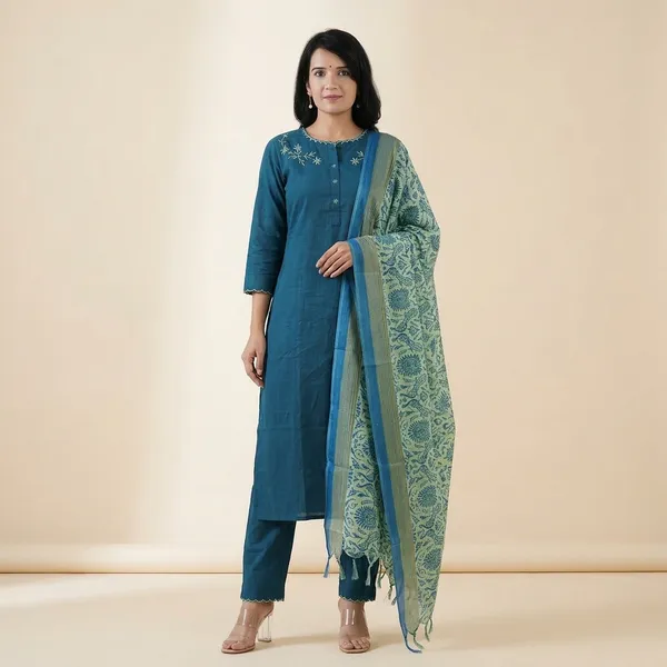 Khadi_Cotton_Embroidered_Set_With_Kurta_Pant_With_Dupatta_Set