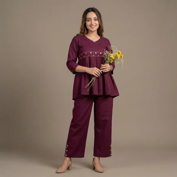 Wine_Cotton_Slub_Handloom_Kurta_With_Pant_Set