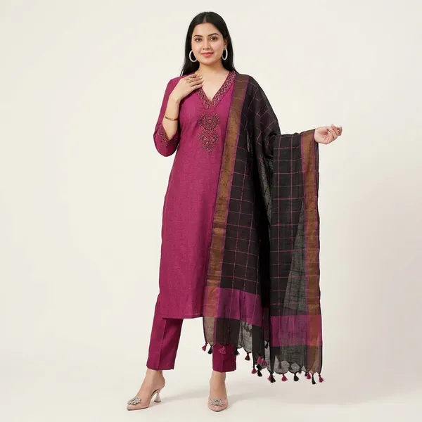 Wine_South_Cotton_Handloom_Kurta_Pant_With_Dupatta_Set_For_Women