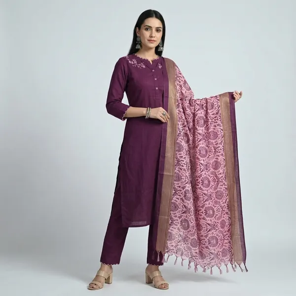 Wine_Colour_Cotton_Slub_Handloom_Kurta_Pant_With_Dupatta_Set