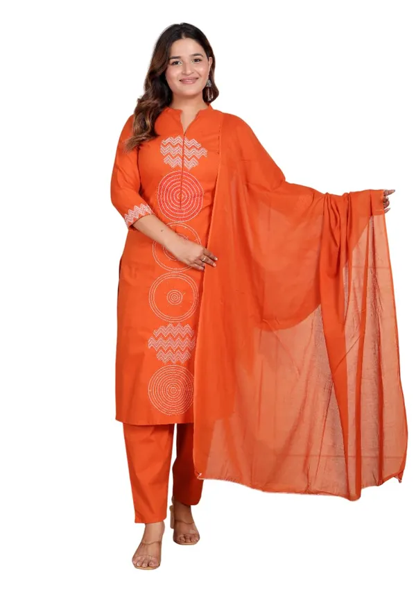 Dark_Orange_Cotton_Regular_Printed_Straight_Kurti_With_Pant_Dupatta_Set_For_Women