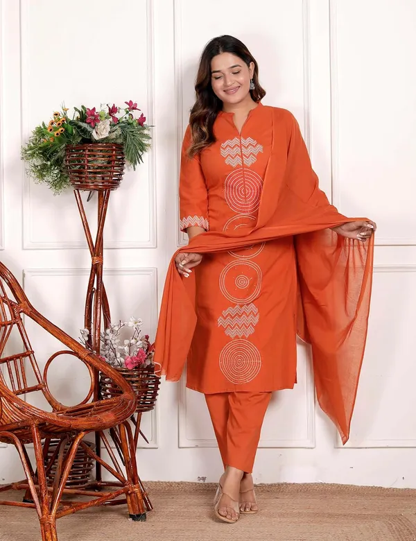 Dark_Orange_Cotton_Regular_Printed_Straight_Kurti_With_Pant_Dupatta_Set_For_Women