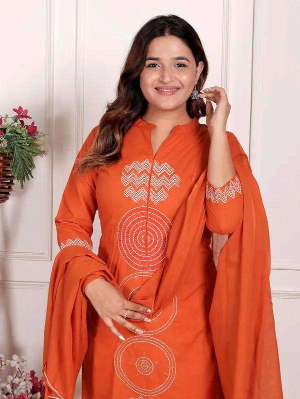 Dark_Orange_Cotton_Regular_Printed_Straight_Kurti_With_Pant_Dupatta_Set_For_Women
