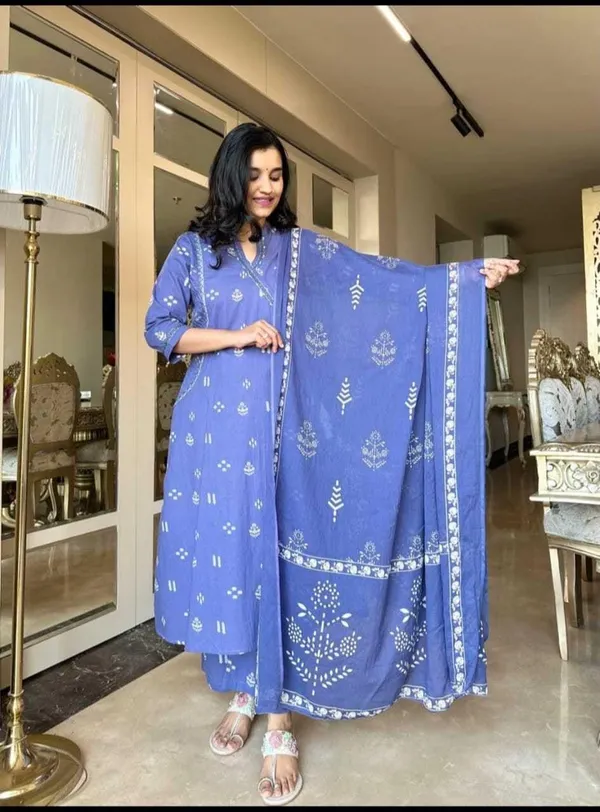 Blue_Cotton_Regular_Embroidered_Anarkali_Kurti_With_Pant_Dupatta_Set_For_Women