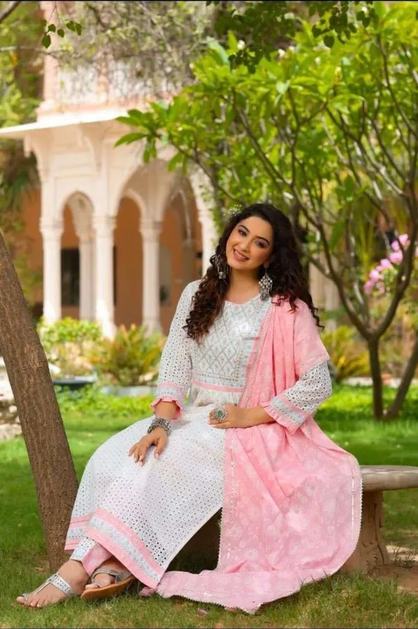 White_Cotton_Nayra_Cut_Embroidered_Kurti_With_Pant_Dupatta_For_Women