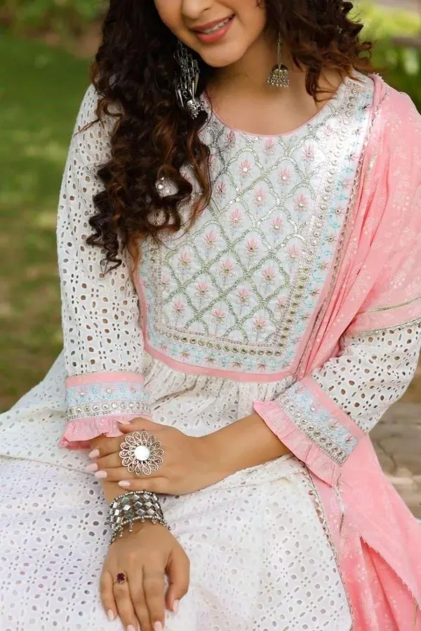 White_Cotton_Nayra_Cut_Embroidered_Kurti_With_Pant_Dupatta_For_Women