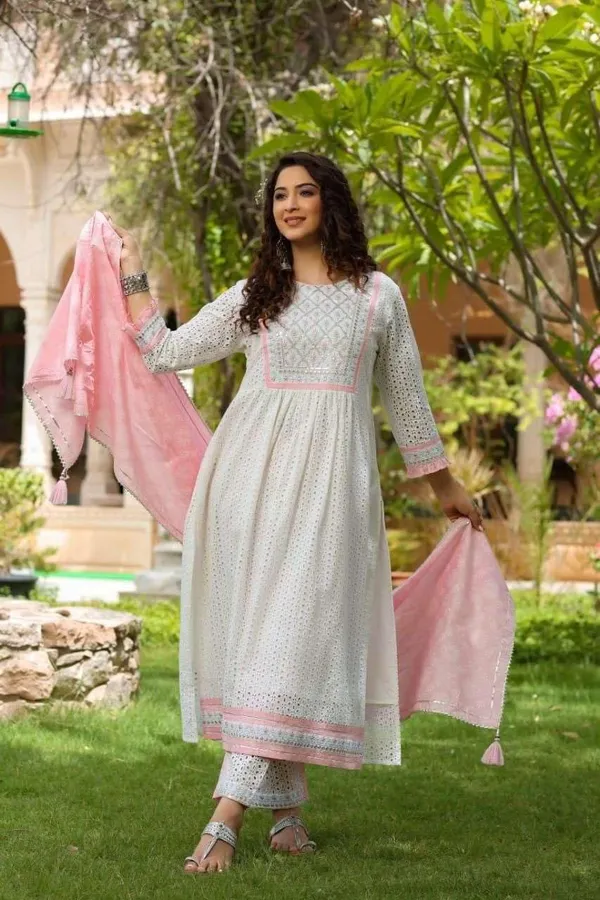 White_Cotton_Nayra_Cut_Embroidered_Kurti_With_Pant_Dupatta_For_Women