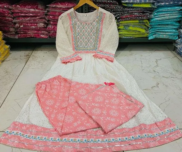 White_Cotton_Nayra_Cut_Embroidered_Kurti_With_Pant_Dupatta_For_Women