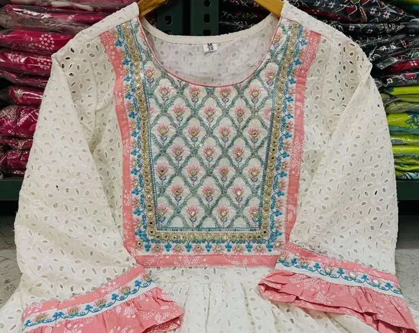 White_Cotton_Nayra_Cut_Embroidered_Kurti_With_Pant_Dupatta_For_Women