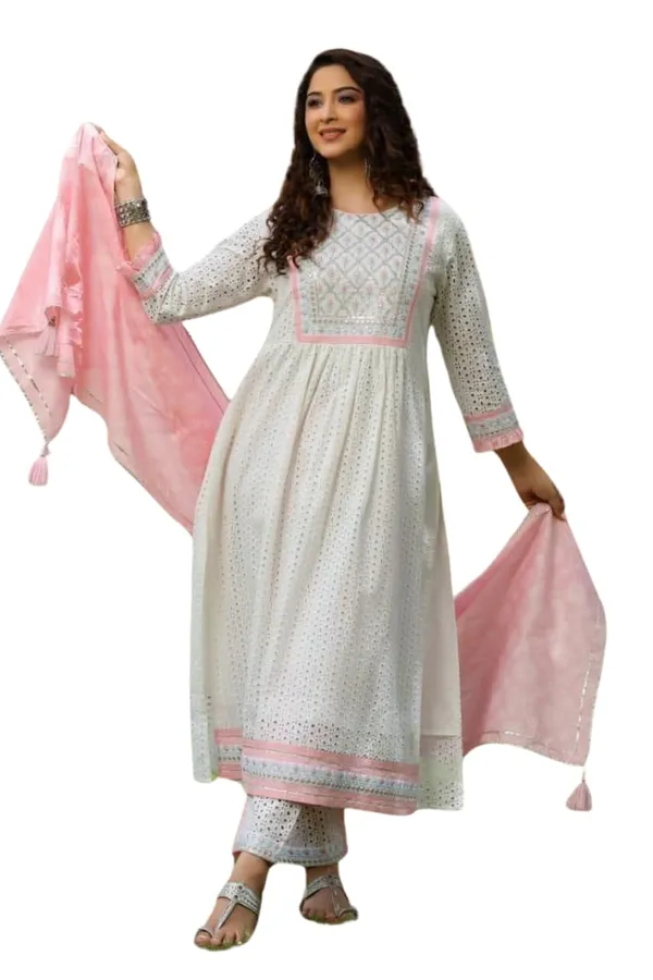 White_Cotton_Nayra_Cut_Embroidered_Kurti_With_Pant_Dupatta_For_Women