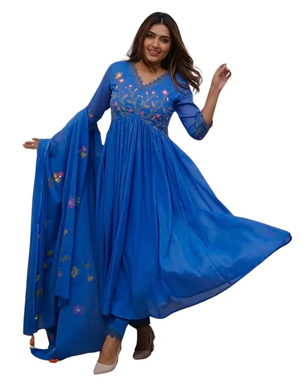 Blue_Cotton_Regular_Embroidered_Anarkali_Kurti_With_Pant_Set_For_Women